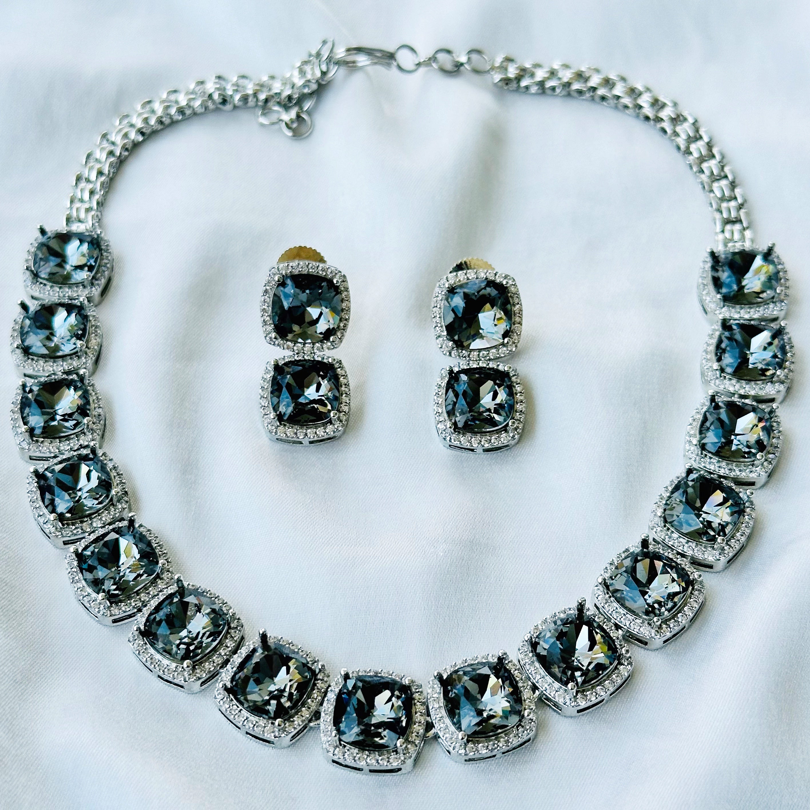 Ariva Collection Black Morion Swarovski Crystal American Diamond Silver Plated Necklace Set