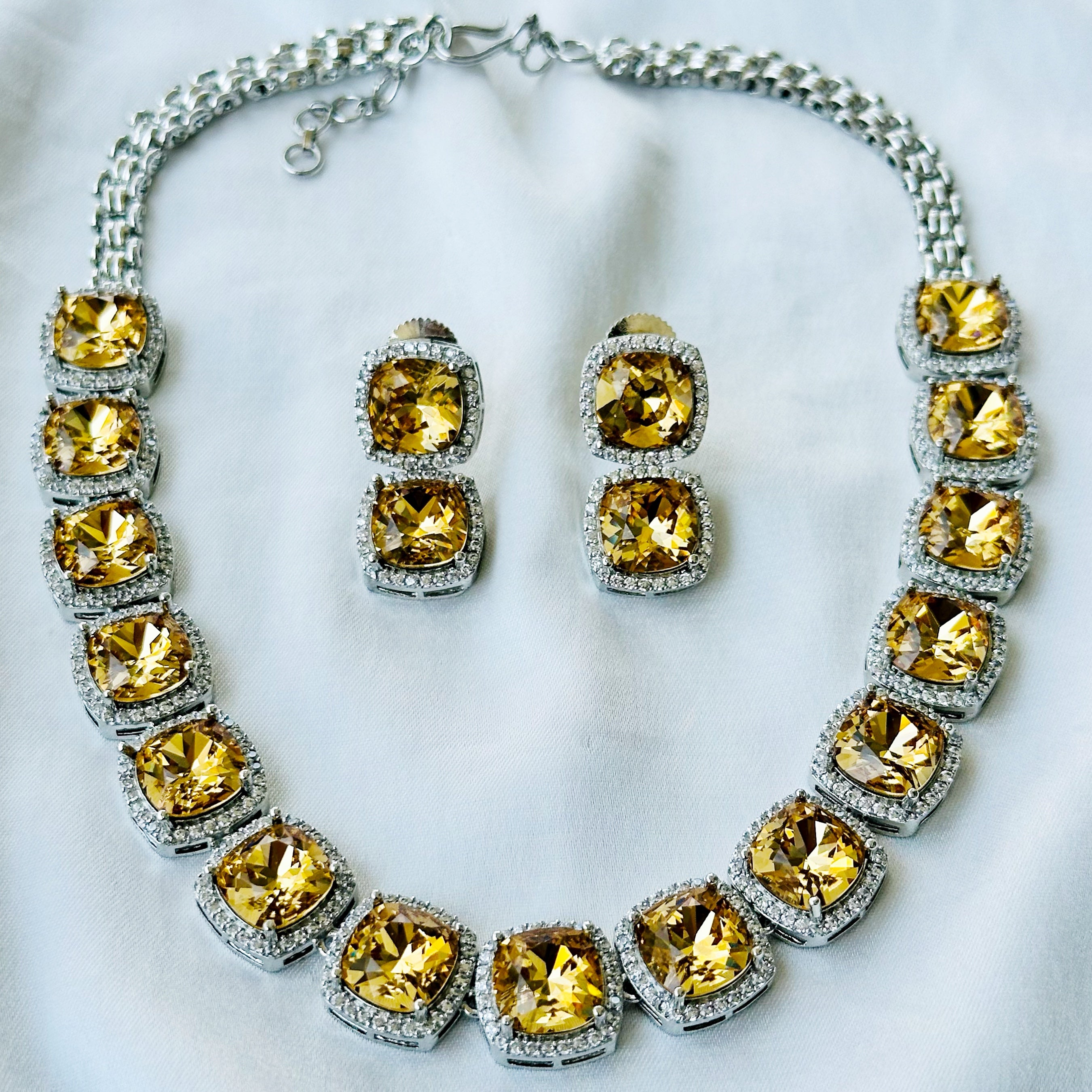 Ariva Collection Yellow Topaz Swarovski Crystal American Diamond Silver Plated Necklace Set