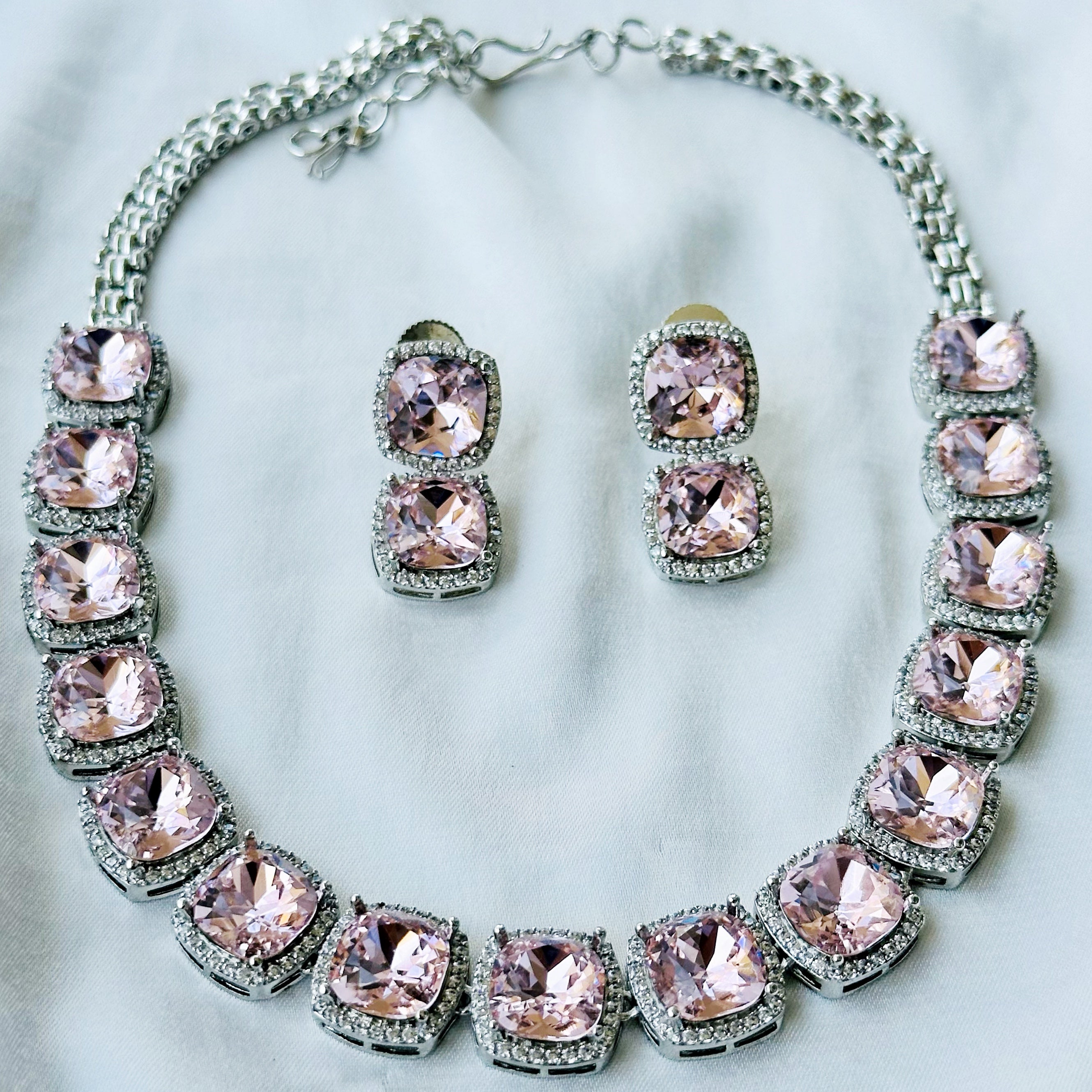 Ariva Collection Lt Pink Topaz Swarovski Crystal American Diamond Silver Plated Necklace Set